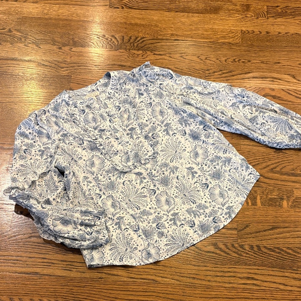 Point Sur cotton Blue and White Floral Ruffle Blouse, xS